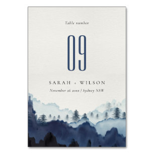 Rustic Ink Blue Navy Pine Woods Mountain Wedding Table Number