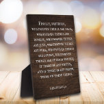 Rustic Inspirational Bible Verse Philippians 4:8  Plaque<br><div class="desc">Transform your living space into a sanctuary of positivity and faith with our Inspirational Philippians 4:8 Plaque. Expertly designed to complement any decor style, this distinctive piece features the uplifting words of Scripture in a rustic yet refined aesthetic. Each glance at this intricately crafted plaque serves as a gentle nudge...</div>