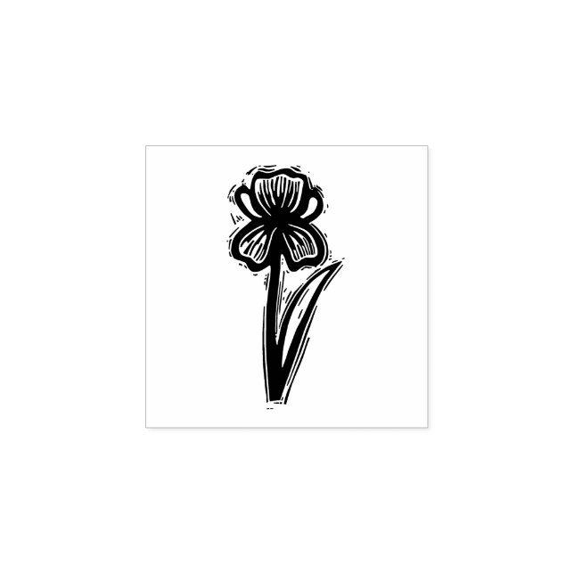 Rustic Iris Folk Art Flower Floral Lino-cut Look  Rubber Stamp (Imprint)