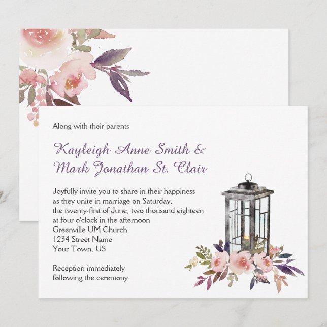 Rustic Iron Lantern and Flowers Invitations (Front/Back)