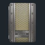 Rustic iron metal rough industrial guys men iPad mini cover<br><div class="desc">A cool rough industrial style for guys,  men.  Grey faux steel and gold looking metal and rivets.  Personalise and add your name,  light grey letters.</div>