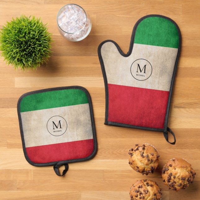 Rustic Italian Flag monogram Oven Mitt & Pot Holder Set (Top Down)