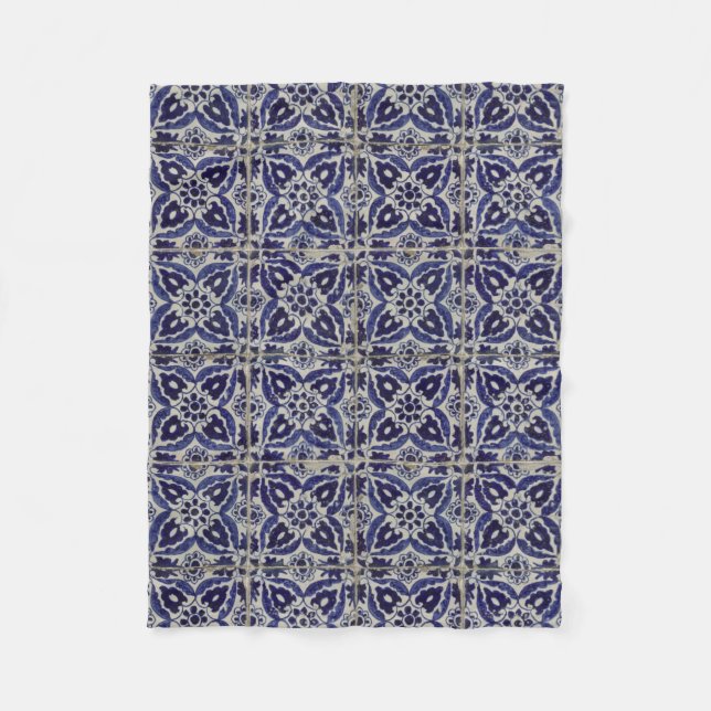 Rustic Italian Tiles Azulejo Blue White Geometric Fleece Blanket (Front)