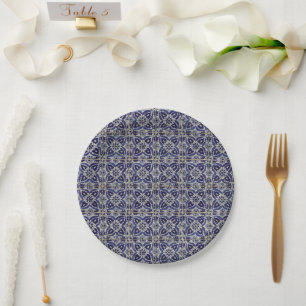 Rustic Italian Tiles Azulejo Blue White Geometric Paper Plate