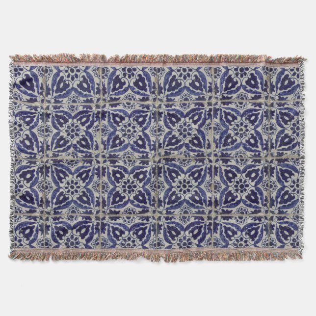 Rustic Italian Tiles Azulejo Blue White Geometric  Throw Blanket (Front)