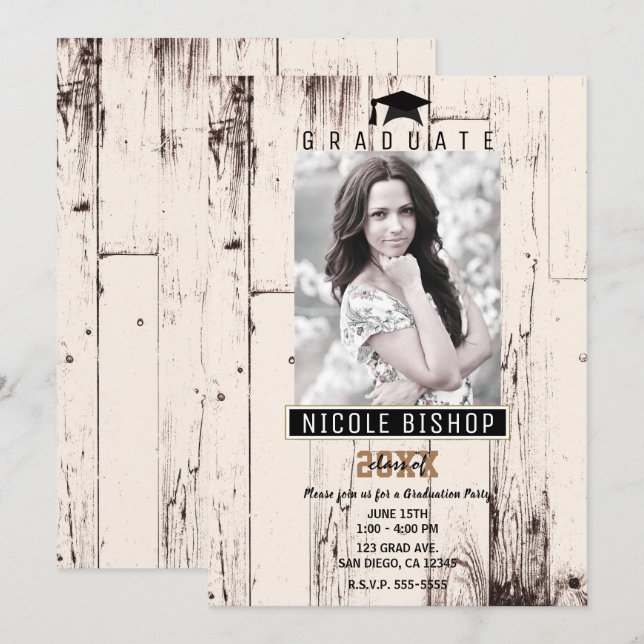 Rustic Ivory Barn Wood Graduation Photo Party  Invitation (Front/Back)