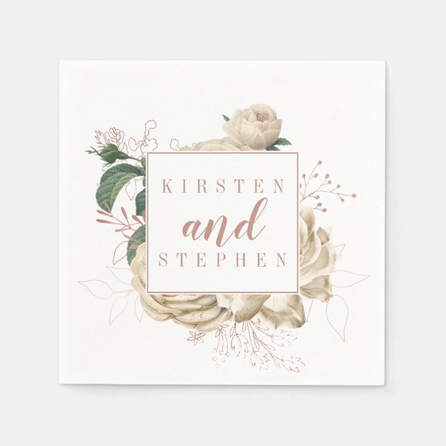 Rustic Ivory Blush Floral Custom Wedding Cocktail Napkin (Front)