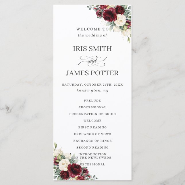Rustic Ivory Burgundy Floral Wedding Program Programme (Front)
