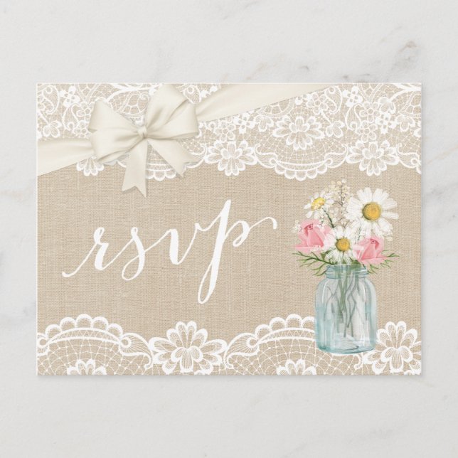 Rustic Ivory Burlap Lace Floral Mason Jar RSVP Invitation Postcard (Front)