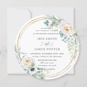 Rustic Ivory Floral Eucalyptus Wedding Gold Circle Invitation