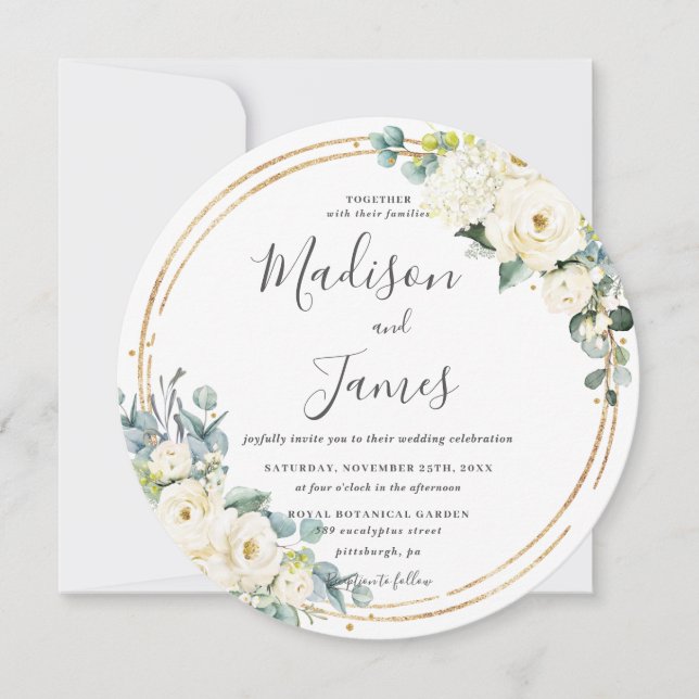 Rustic Ivory Floral Eucalyptus Wedding Gold Circle Invitation (Front)