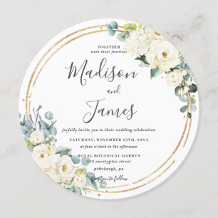 Rustic Ivory Floral Eucalyptus Wedding Gold Circle Invitation
