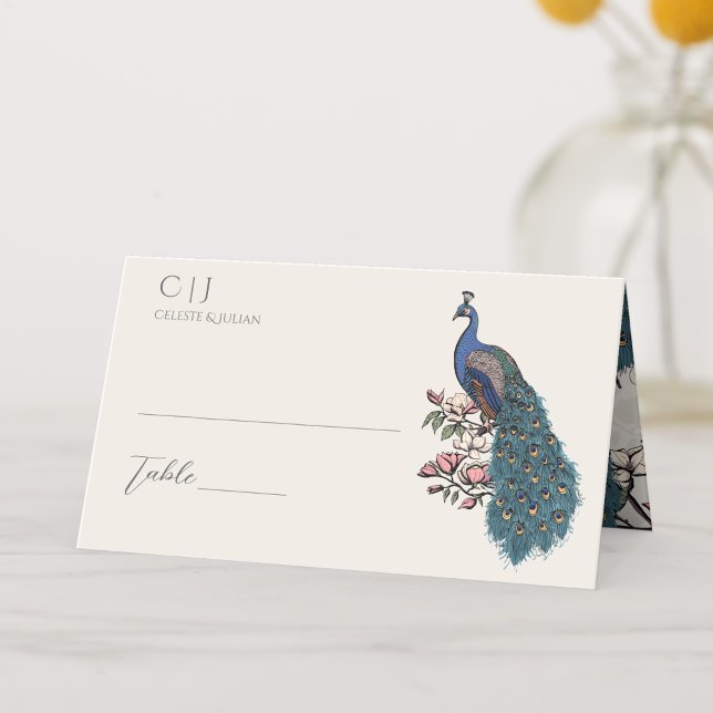 Rustic Ivory Floral Peacock Wedding Place Card (Rustic Hand-Drawn Blue & Teal Peacock with Blush Magnolia Flowers. Elegant Peacock Pattern Inside. )