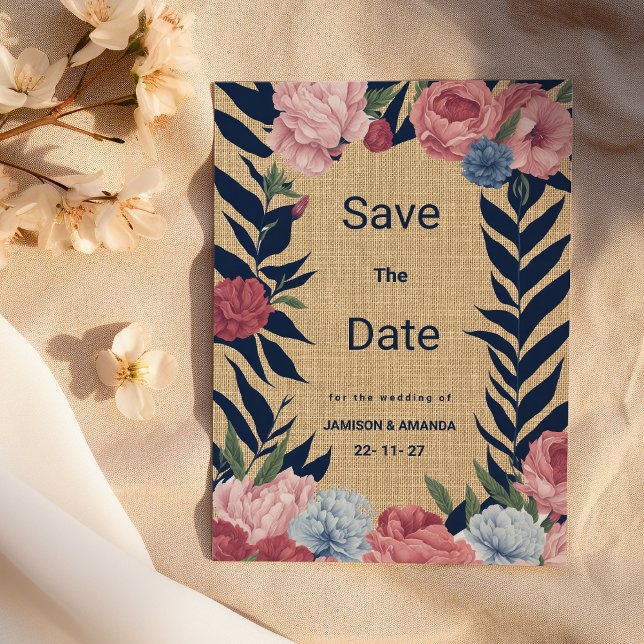 Rustic ivory navy blue pink floral Save The Date Invitation (Rustic ivory navy blue pink floral Save The Date)
