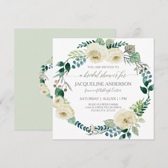 Rustic Ivory Rose Boho Wreath Mint Bridal Shower  Invitation (Front/Back)
