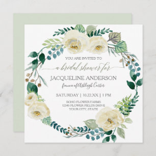Rustic Ivory Rose Boho Wreath Mint Bridal Shower  Invitation