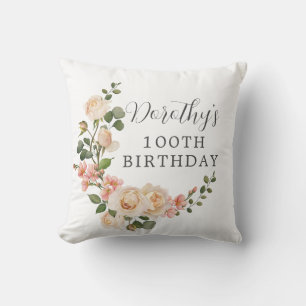 Rustic Ivory White Floral 100th Birthday Cushion