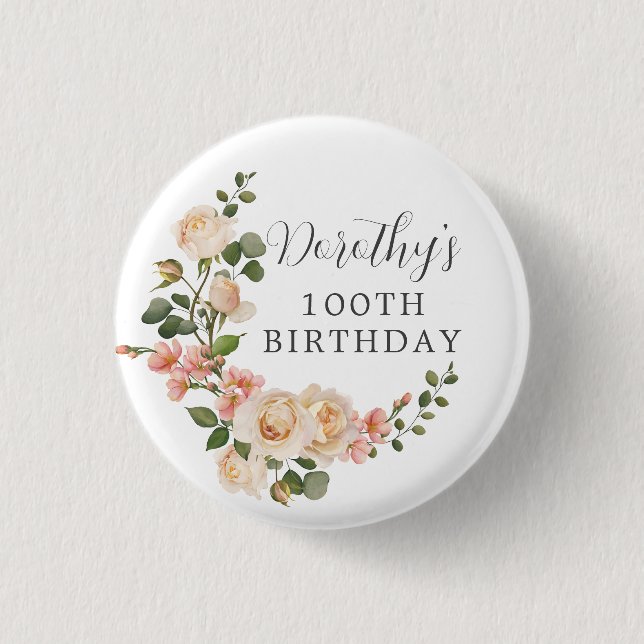 Rustic Ivory White Floral 100th Birthday Party 3 Cm Round Badge (Front)