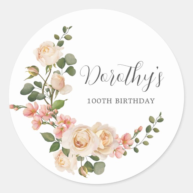 Rustic Ivory White Floral 100th Birthday Party Classic Round Sticker (Front)