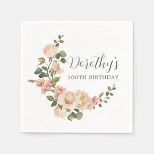 Rustic Ivory White Floral 100th Birthday Party Napkin