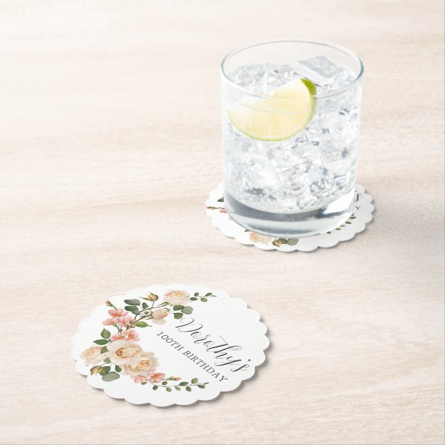Rustic Ivory White Floral 100th Birthday Party Paper Coaster (Insitu)