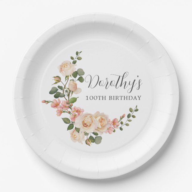 Rustic Ivory White Floral 100th Birthday Party Paper Plate (Front)