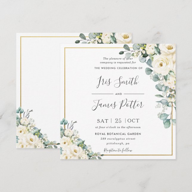 Rustic Ivory White Floral Eucalyptus Gold Wedding Invitation (Front/Back)