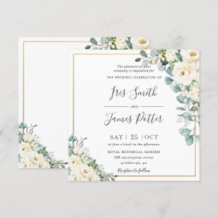 Rustic Ivory White Floral Eucalyptus Gold Wedding Invitation