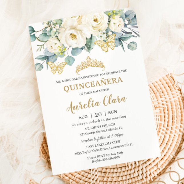 Rustic Ivory White Floral Eucalyptus Quinceañera Invitation (Creator Uploaded)
