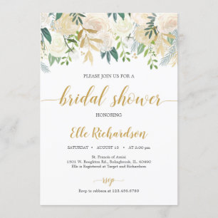 Rustic Ivory white floral gold greenery bridal Invitation