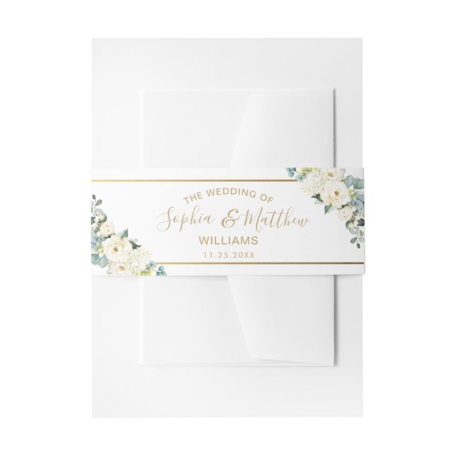 Rustic Ivory White Floral Gold Greenery Wedding Invitation Belly Band (Front Example)