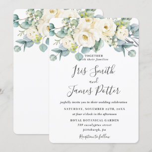 Rustic Ivory White Floral Rose Eucalyptus Wedding  Invitation
