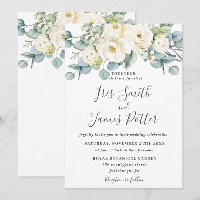 Rustic Ivory White Floral Rose Eucalyptus Wedding Invitation (Front/Back)