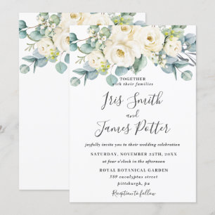 Rustic Ivory White Floral Rose Eucalyptus Wedding Invitation