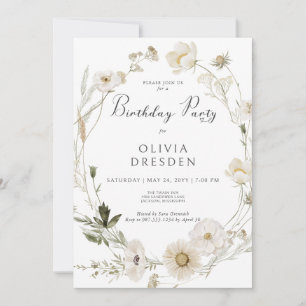 Rustic Ivory Wildflower Wreath Birthday Party Invitation