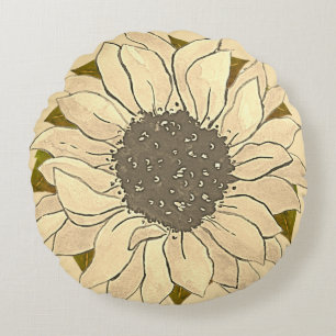 Rustic Ivory Yellow Sunflower watercolor floral Round Cushion