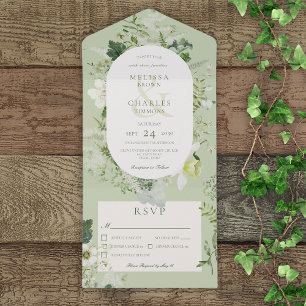 Rustic Ivy Ferns & Greenery Sage Green Dinner All In One Invitation