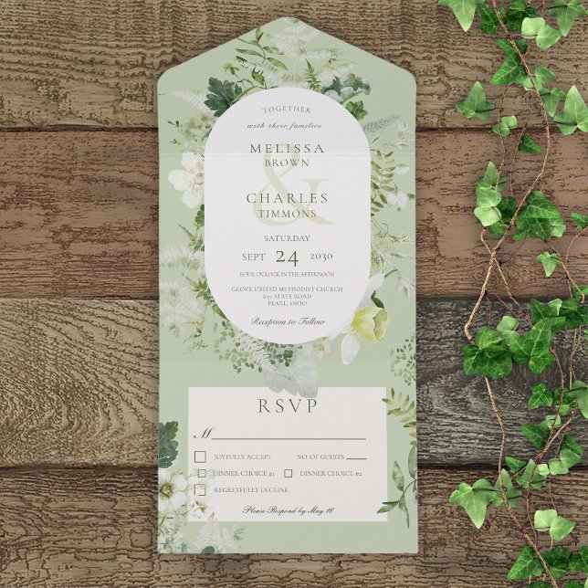 Rustic Ivy Ferns & Greenery Sage Green Dinner All In One Invitation (Also available with a QR code or without dinner selection options.)