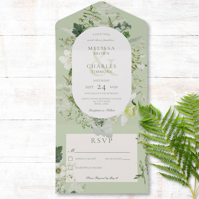 Rustic Ivy Ferns & Greenery Sage Green No Dinner All In One Invitation (Also available with a QR code or with dinner selection options.)