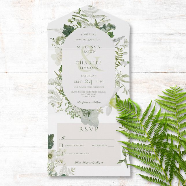Rustic Ivy Ferns & Greenery White No Dinner All In One Invitation (Also available with a QR code or with dinner selection options.)