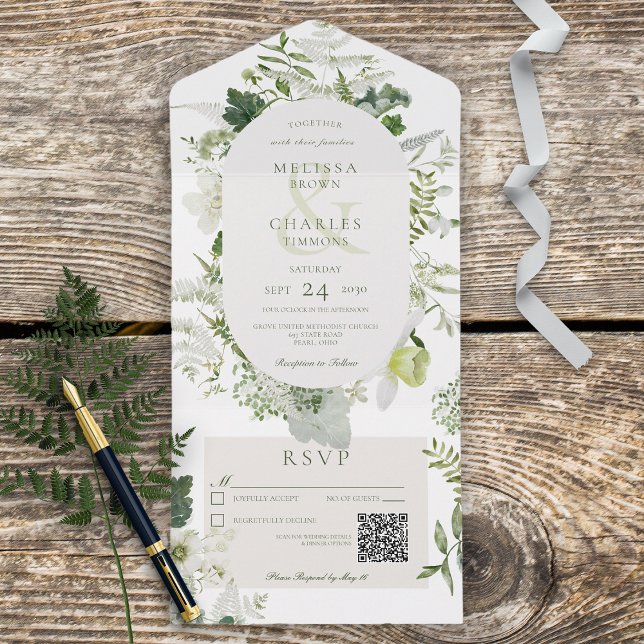 Rustic Ivy Ferns & Greenery White QR Code All In One Invitation (Also available without a QR code; with or without dinner selection options.)