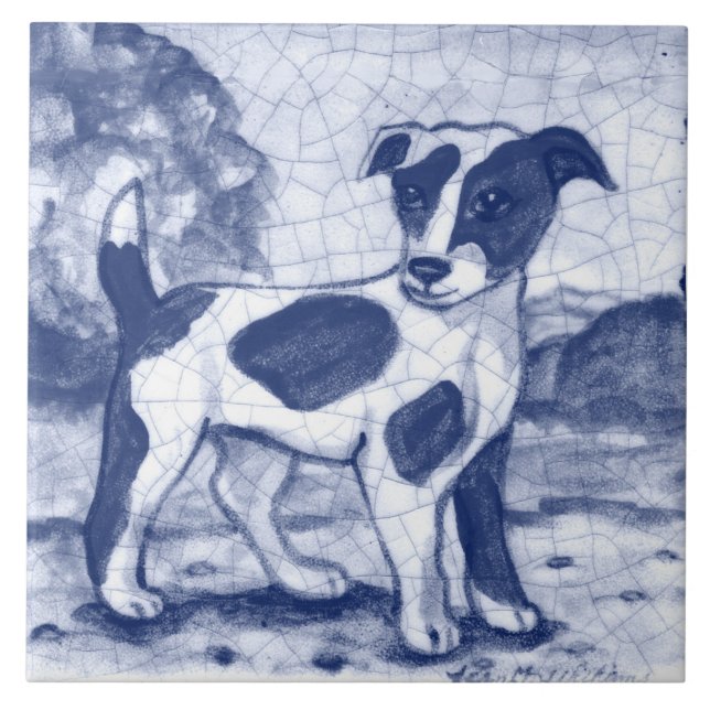 Rustic Jack Russell Terrier Dog Blue Delft Dedham Tile (Front)