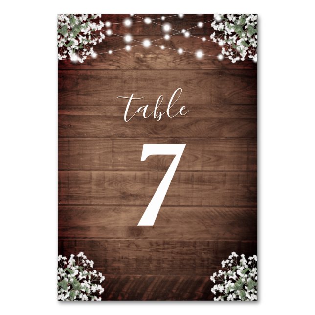 Rustic Jar Baby's Breath String Lights Wedding Table Number (Back)