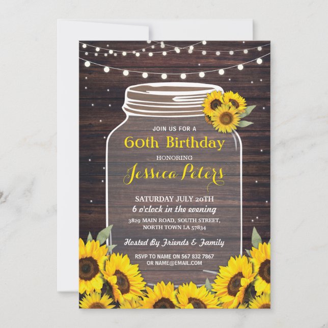 Rustic Jar Birthday Party Wood Sunflower Fireflies Invitation (Front)