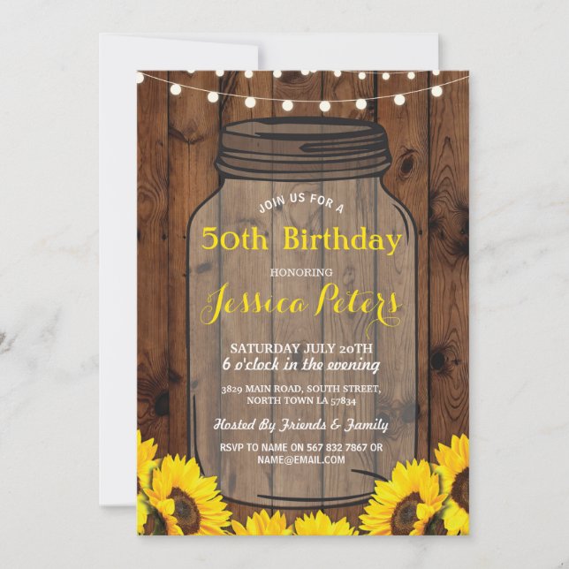 Rustic Jar Birthday Party Wood Sunflower Invite (Front)