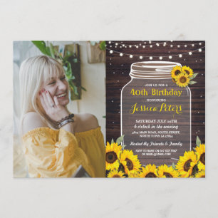 Rustic Jar Birthday Party Wood Sunflower Photo Invitation