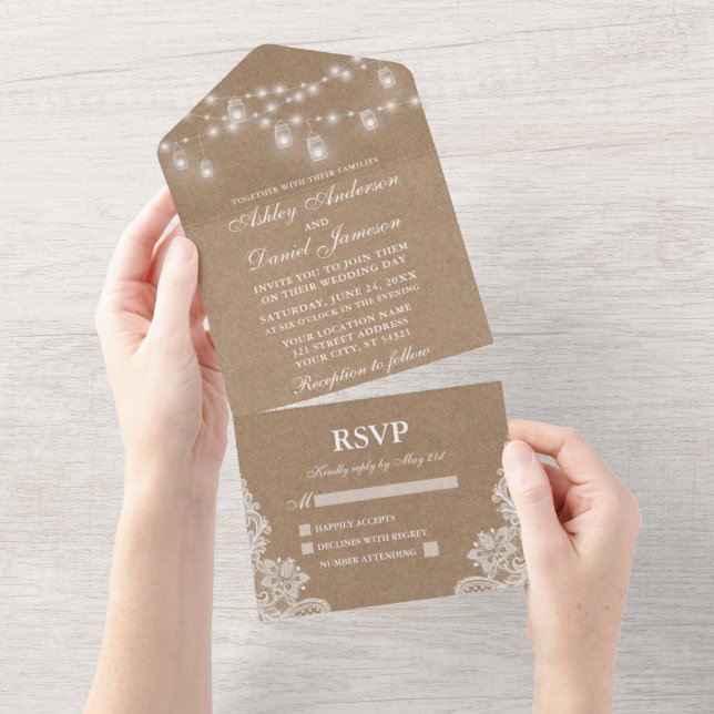 Rustic Jar Lights Lace Wedding Kraft All In One Invitation (Tearaway)