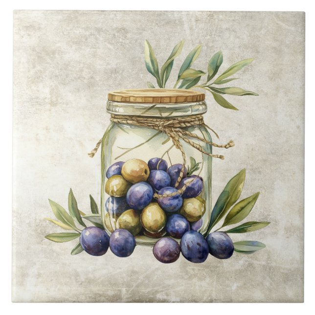 Rustic Jar of Olives Tied with Twine Faux Texture  Tile (Front)