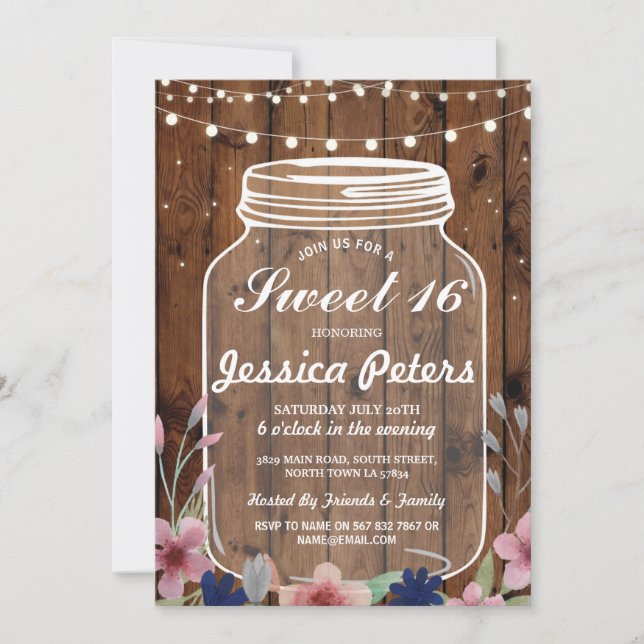Rustic Jar Sweet 16 Party Wood Floral Invite (Front)