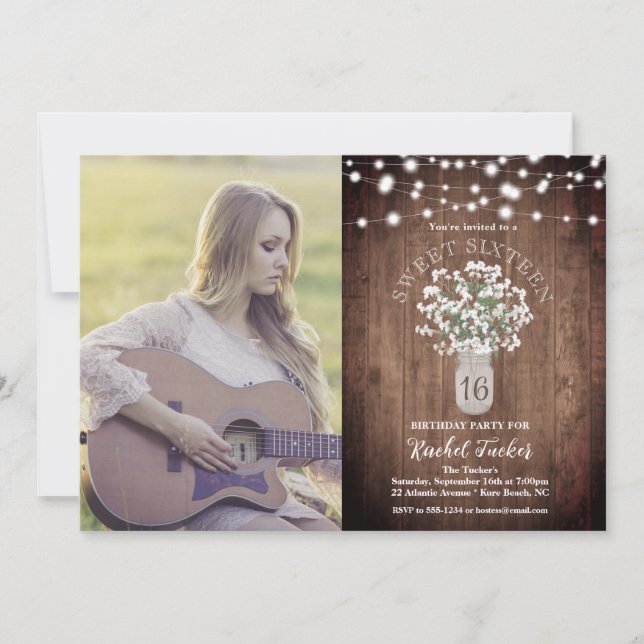 Rustic Jar Vase & Lights Sweet 16 Birthday Photo Invitation (Front)